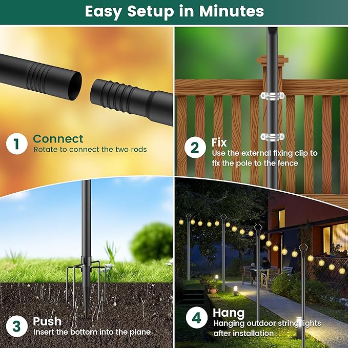 OHLUX 4 Pack 10FT String Light Poles Outdoor Poles with Fence Brackets for Hanging Lights Metal Stand for Patio Backyard Yard Deck
