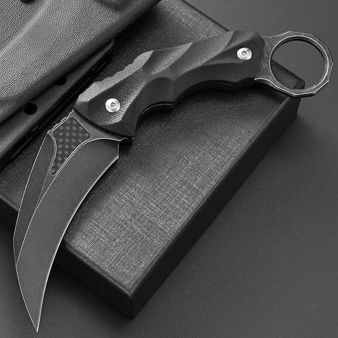 Ccanku C1692 Carbon Fiber Fixed Blade KnifeD2 Steel G10 Handle 4 Inches Camping EDC Tools Survival Claw Teeth Knife with Kydex Sheaths(Black) … …