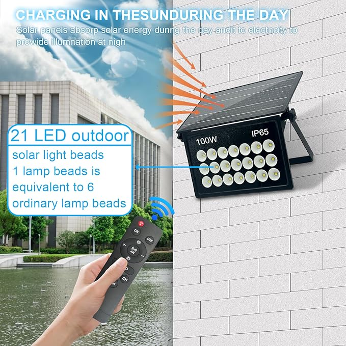 100W Solar Security Lights Solar Flood Lights Solar Lights Outdoor Waterproof Dusk to Dawn Solar Powered Security Lights 6500K Cool White for Porch Patio Yard Garage Garden