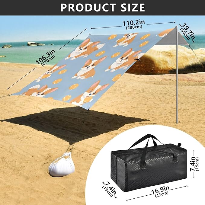 ALAZA Corgi Dog Ball Pattern Beach Tent Sun Shelter Portable Canopy Sunshade for Outdoor Camping Picnics Backyard Fun 10x9 ft