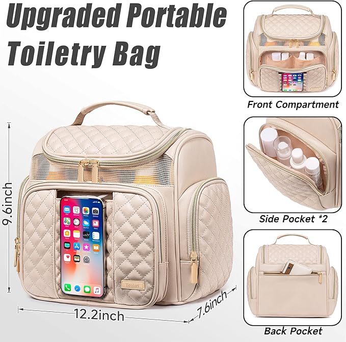 Large Leather Toiletry Bag for Women MenBathroom BagWater Resistant Shower BagMakeup BagPortable Shower Caddy for College DormHanging Travel Toiletry Bag with Transparent Waterproof Phone Pocket