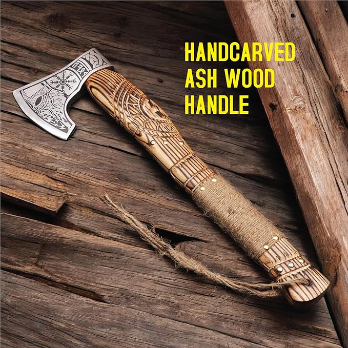 20 Handmade Carbon Steel Viking Axe with Hand Craved Ash Wood Shaft Viking Camping Axe &amp Hatchet. Beautiful Gift for Father Brother and for Him or Her (Medieval Axe)