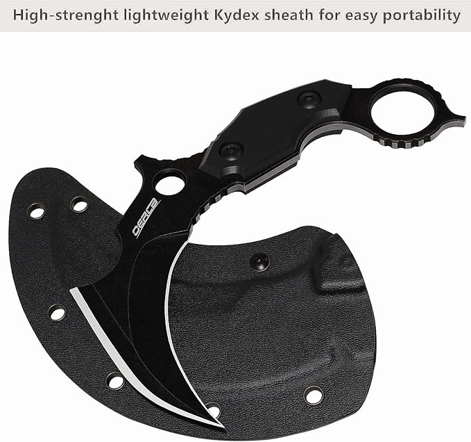 OERLA OL-0019BE Double Edge Karambit tactical Knife Full Tang 420HC Stonewashed Stainless Steel Fixed Blade Field Knife with EDC Adjustable Waist Clip and Kydex Sheath