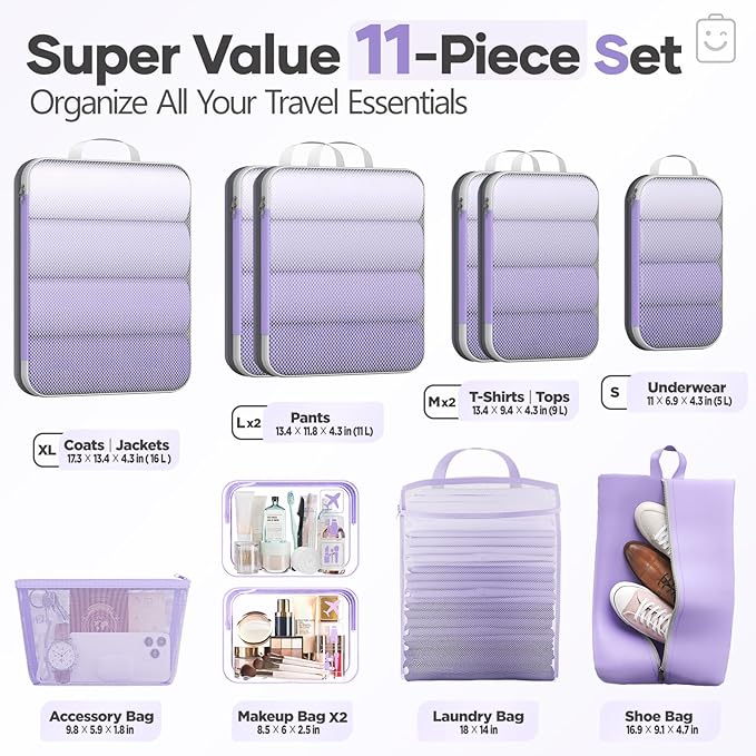 Veken 11 Set Compression Packing Cubes for Travel EssentialsCompressible Expandable Large Luggage Suitcase Organizer Bags for ClothingDurable Space Saver Storage Bags(Light Purple)