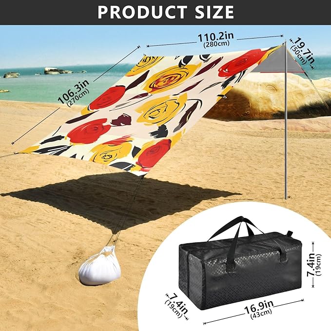 ALAZA Yellow &amp Red Rose Flowers Beach Tent Sun Shelter UPF50+ Protection Beach Shade Canopy w/ 4 Sandbags for Outdoor Camping Fishing Backyard Fun Picnic 10x9 ft