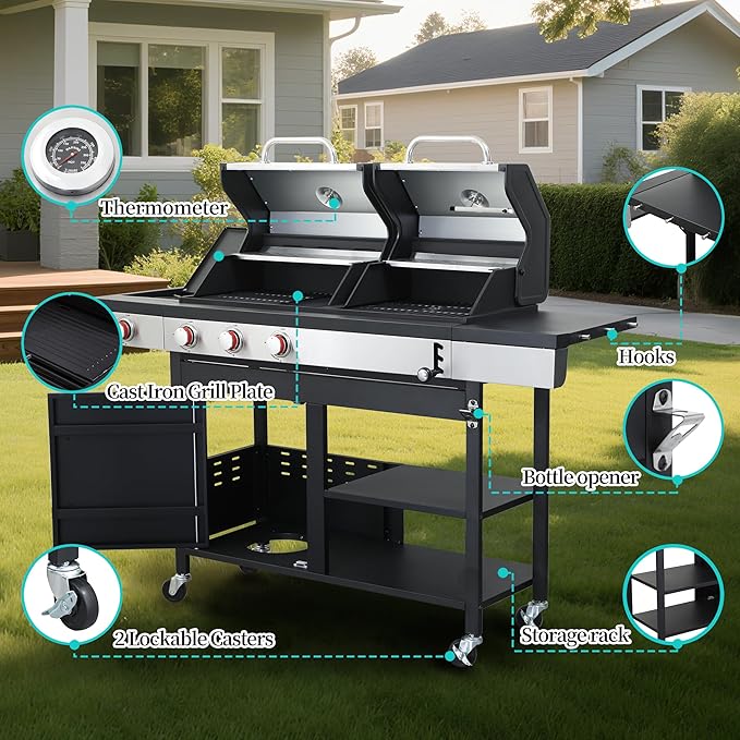 3 Burner Gas &amp Charcoal Combo Grill with Side Burner 39000 BTU Propane BBQ Grill Cast Iron Grates &amp Griddle Warming Rack Grease Tray Storage Cabinet 4 Wheels for Outdoor Patio