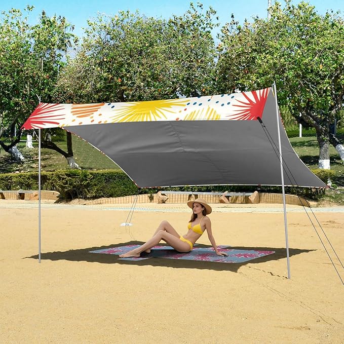 xigua Fireworks Beach Tent Sun Shelter with Carrying Bag - Silver Coated Oxford Fabric Beach Canopy for Beach Camping Fishing - Includes Windproof Ropes Sandbags &amp Stakes