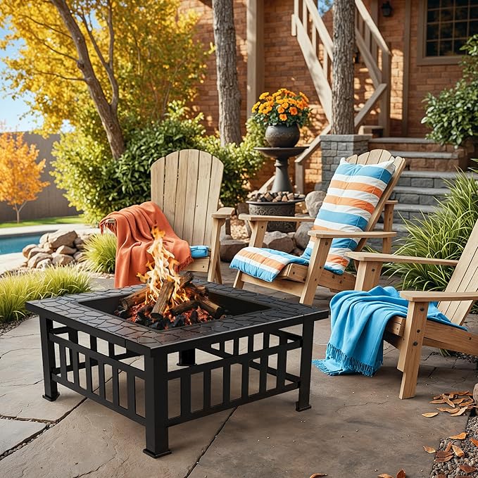 Greesum Multifunctional Patio Fire Pit Table 32in Square Metal BBQ Firepit Stove Backyard Garden Fireplace with Spark Screen Lid and Rain Cover for Camping Outdoor Heating Bonfire and Picnic Black
