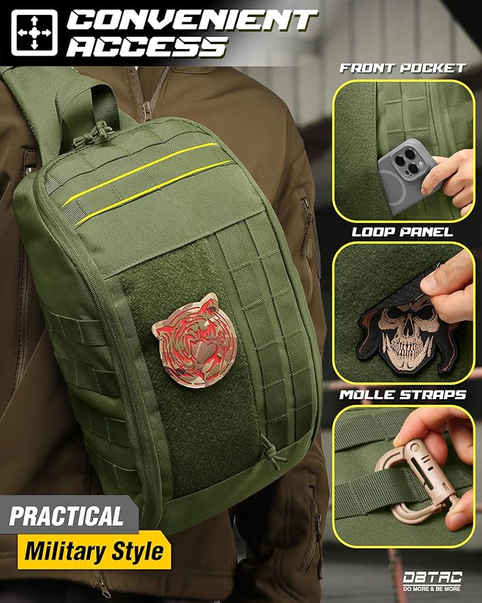 DBTAC Compact 9L Tactical Sling Bag with Removable Elastic Organizer Panel Everyday Carry Shoulder Pack for EDC Tools First Aid Travel Outdoor Sports (Green)
