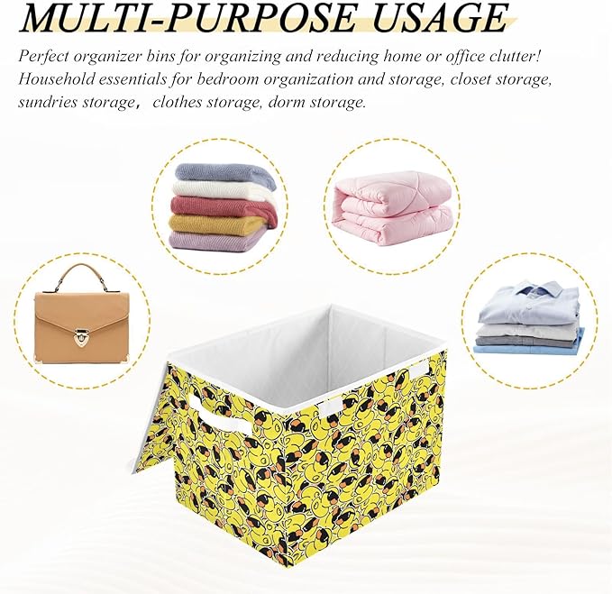 Yellow Duck Cartoon Lidded Home Storage Bins Closet Storage Bins Foldable Oxford Fabric Storage Box for Home Bedroom Closet Office (16.5x12.6x11.8 in)