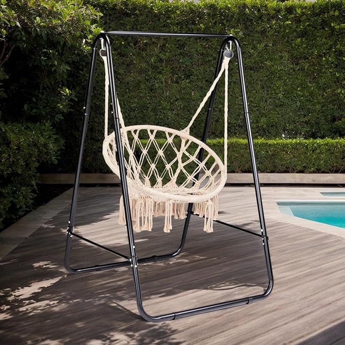 Steel Hammock Chair Stand with Adjustable Hooks - 600lbs Capacity Indoor Outdoor Use Black Frame (Hammock Not Included)