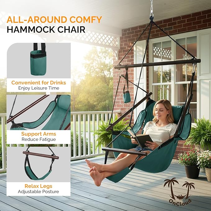 ONCLOUD Upgraded Unique Hammock Hanging Sky Chair Air Deluxe Swing Seat with Rope (Green)