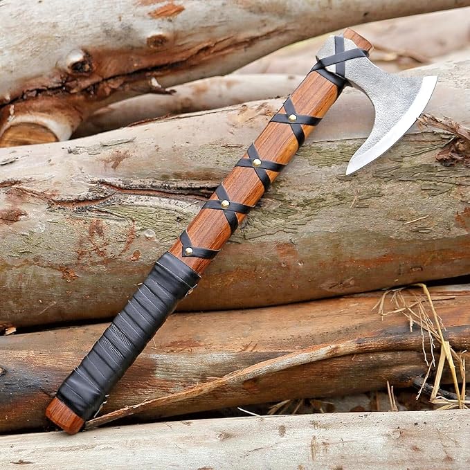 Viking Axe of Ragnar Lothbrok Hunting Axe with Rosewood Handle - Hand-Forged High Carbon Steel Sharp Blade Handmade Camping Axes Hatchet-Norse Ax Tomahawk Vikings Bearded Axes with Leather Sheath