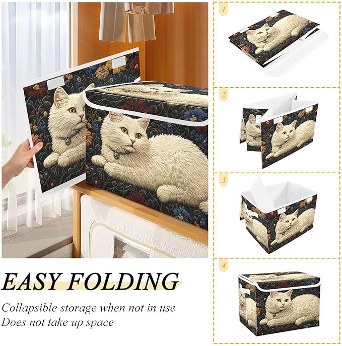 Storage Cube with Lid Floral Cat White Print 16.5×12.6×11.8 IN Collapsible Large Capacity Foldable Storage Basket Bin Organizer
