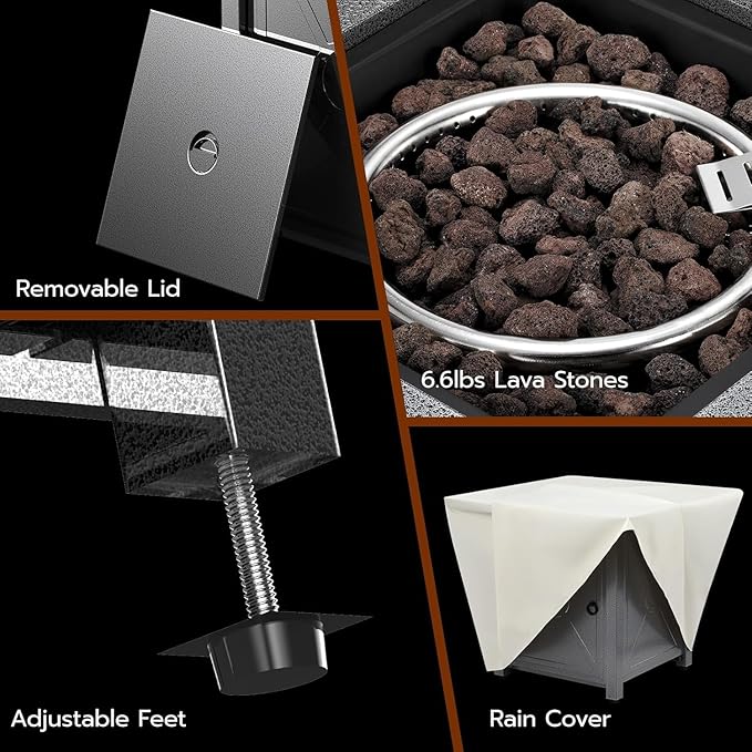 ZAFRO 27.95 Inch Propane Fire Pit Table for Outside50000 BTU Gas Fire Pit Table with Removable LidRain Cover Rectangle Gas Firepit Table for Garden/Patio