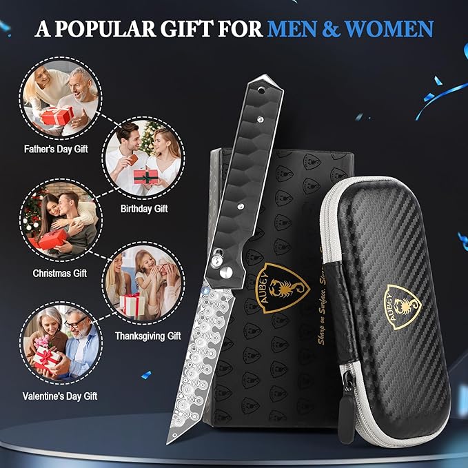 AUBEY Damascus Axis Lock Pocket Knife 3.54 Tanto Blade Crossbar Lock Folding Knives with Clip for Men Women Aluminum Handle with Glass Breaker for EDC Camping Gift