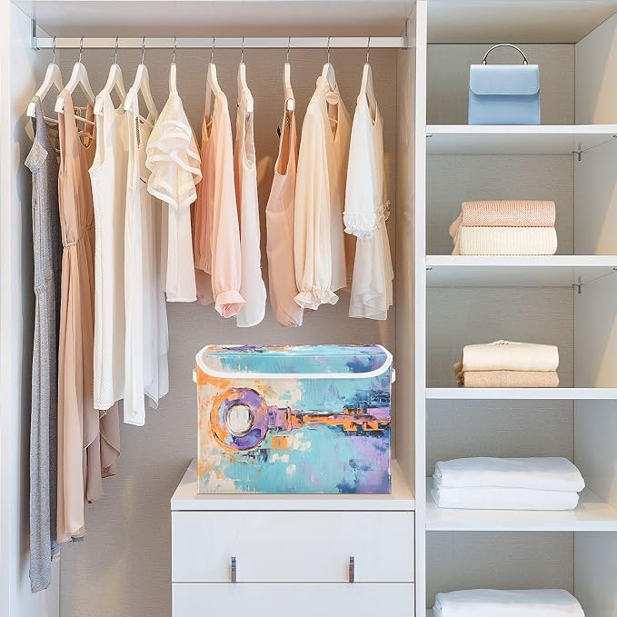 AIXIWAWA Lidded Storage Cube (Painting Key) Fabric Foldable Closet Bins with Flip Lid and Handles Organizer Basket Container 16.5 x 12.6 x 11.8 IN