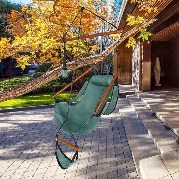 Hammock Hanging Sky Chair Large Swinging Seat Chair Indoor and Outdoor Air Swing Seat with Oxford Cloth&amp HardwoodCup Holder for Patio Bedroom or Tree (Green)