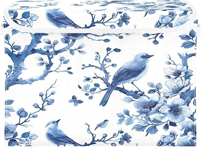 Beautiful Flowering Birds Fabric Storage Bins with Lids and HandleFoldable Storage Bins with LidsCloset Organizers for Clothes Storage Room Organization Office Storage Chest Organizer