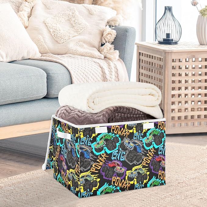 Storage Box Monster Truck Car Closet Storage Bins with Lids Foldable Oxford Fabric Storage Box for Home Bedroom Closet Office (16.5x12.6x11.8 in)