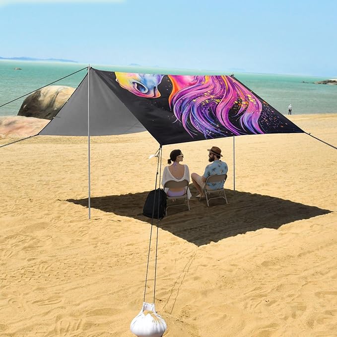 ALAZA Unicorn Rainbow Beach Tent Sun Shelter UPF50+ Protection Beach Shade Canopy w/ 4 Sandbags for Outdoor Camping Fishing Backyard Fun Picnic 10x9 ft