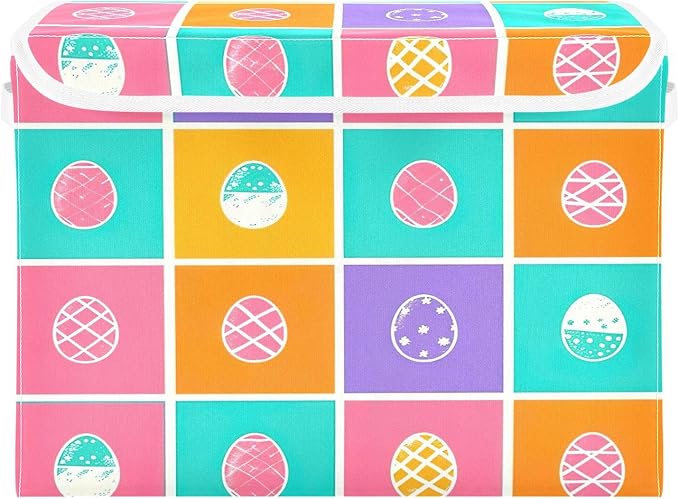 Christmas Storage Baskets with Lids Colorful Eggs Collapsible Bins Stackable Fabric Linen Baskets Closet Organizer Container 16.5x12.6x11.8