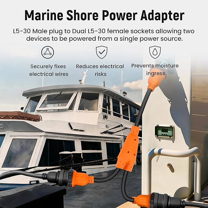maXpeedingrods Y Adapter Power Cord L5-30P to 2X L5-30R 30A Male Plug x (2) 30A Female with Locking Rings and Sealing Rings for RVs Yachts Marine Equipment and Construction Tools.