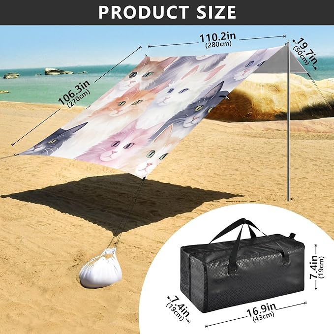 ALAZA Watercolor Cats Kitten Beach Tent Sun Shelter UPF50+ Protection Beach Shade Canopy w/ 4 Sandbags for Outdoor Camping Fishing Backyard Fun Picnic 10x9 ft