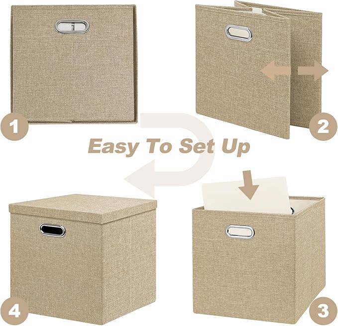 Linen Storage Bins with Lids13 x 13 Inch Foldable Fabric Cube Baskets Boxes Organizer for Closet Shelves and Home. (Khaki (13x13) 2 pack)