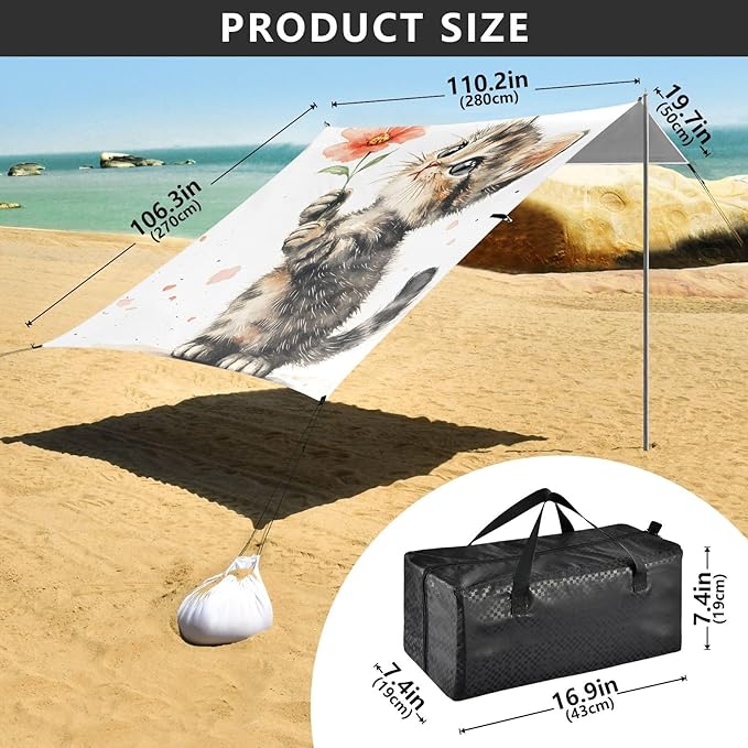 ALAZA Flower Cat Watercolor Beach Tent Sun Shelter Portable Canopy Sunshade for Outdoor Camping Picnics Backyard Fun 10x9 ft