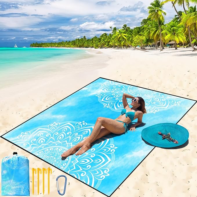 Beach Blanket Waterproof Sandproof Beach Mat 79 X 83/10'x9'for 2-8 Adults Quick Drying Outdoor Picnic Mat Beach Accessories for Travel Camping Hiking