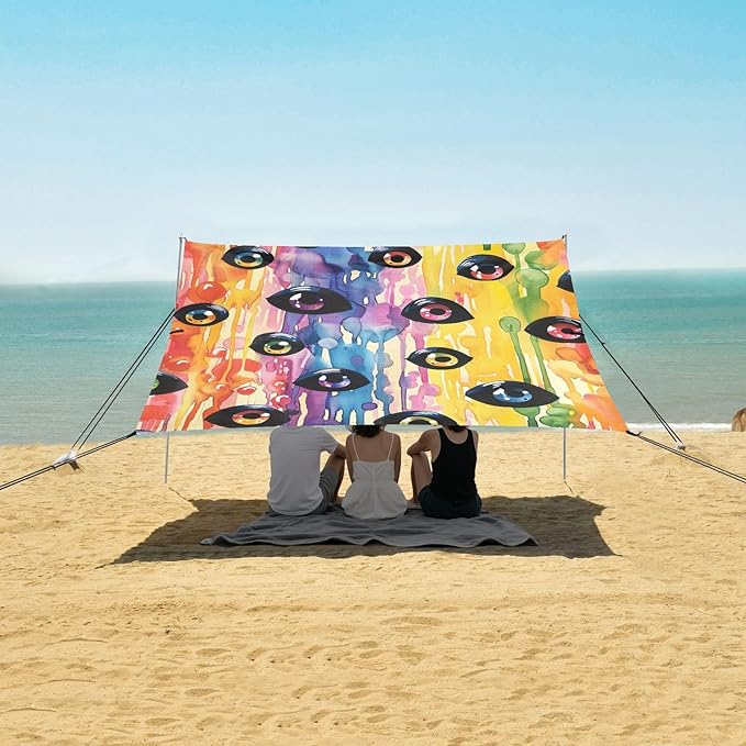 Halloween Scary Eyes Ball on Rainbow Beach Cabana UPF50 Water-Resistant Large Portable Sun Shelter with Sandbags and Shovel for Camping Picnics Backyard &amp Fishing