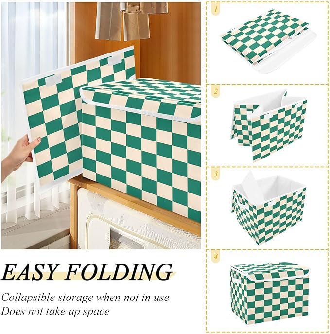 Storage Bins With Lid Stackable Fabric Closet Organizer Clothing Storage Large Boxes For Closet Shelves Bedroom Checkered Emerald Green and Beige
