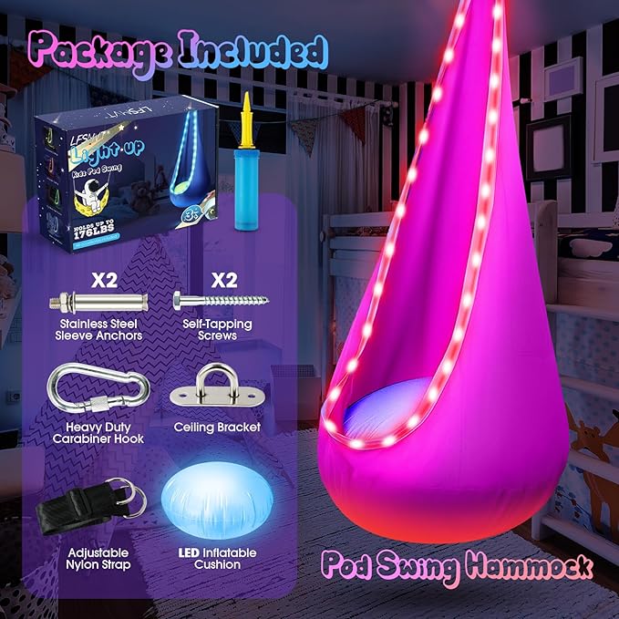 Light Up Kids Pod Swing Seat Upgraded Kids Hanging Hammock Swing with LED Lights Cotton Sensory Pod Swing Chair with Inflatable Pillow Pod Swing for Kids Indoor &amp Outdoor (1 PCS) (Pink)