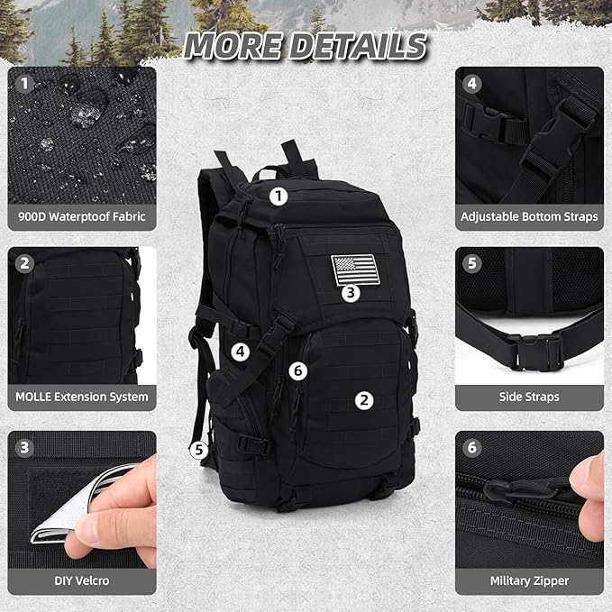 35L Military Tactical Backpack for Men Water Resistant Assault Pack for Women Black Molle Daypack 3 Day Bug Out Bag Rucksack for TrekkingCamping Survival EDC