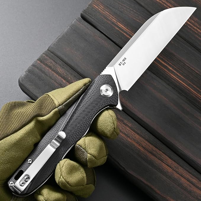 Sitivien ST103 Folding Knife D2 Steel Blade+G10 Handle Pocket Knife EDC Tool Knife for Outdoor Camping Hunting Survival (Black)