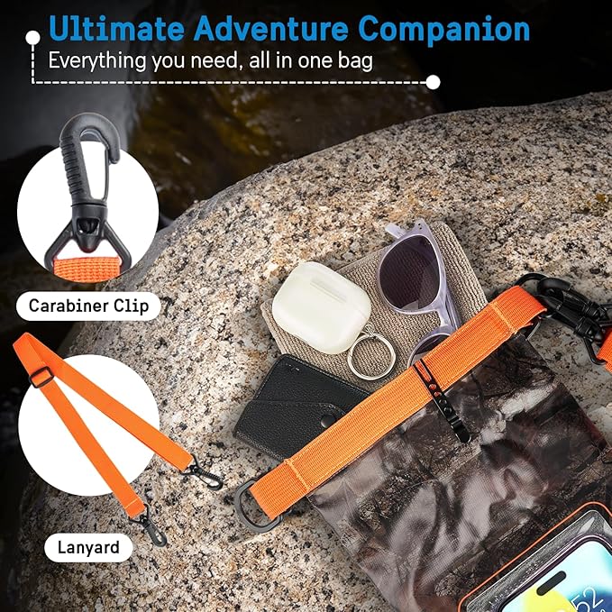 Pelican Marine IP68 Waterproof Dry Bag 2L - Roll Top Waterproof Backpack w/Phone Case/Pouch - Boating &amp Kayak Accessories - Essentials for Camping Swimming Beach Fishing Rafting Travel - Hunter Ca