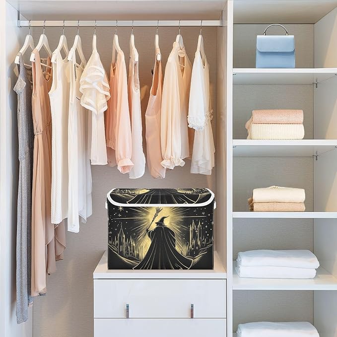 Large Storage Bins Witch Gold Black with Linen Foldable Storage Cubes Fabric Closet Organizer Containers box with Flip-Top Lid for Home Office 16.5 x 12.6 x 11.8 IN