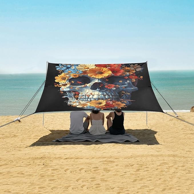 ALAZA Skull Flower Beach Tent Sun Shelter Portable Canopy Sunshade for Outdoor Camping Picnics Backyard Fun 10x9 ft