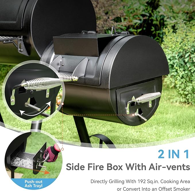GREEN PARTY Offset Smoker Charcoal Grills with 37 Inch Cook Chamber Barrel Smoker and Charcoal Grill Combo 941 Sq. In. Space Barrel Smoker Grill for Outdoor BBQ Patio Backyard Cooking