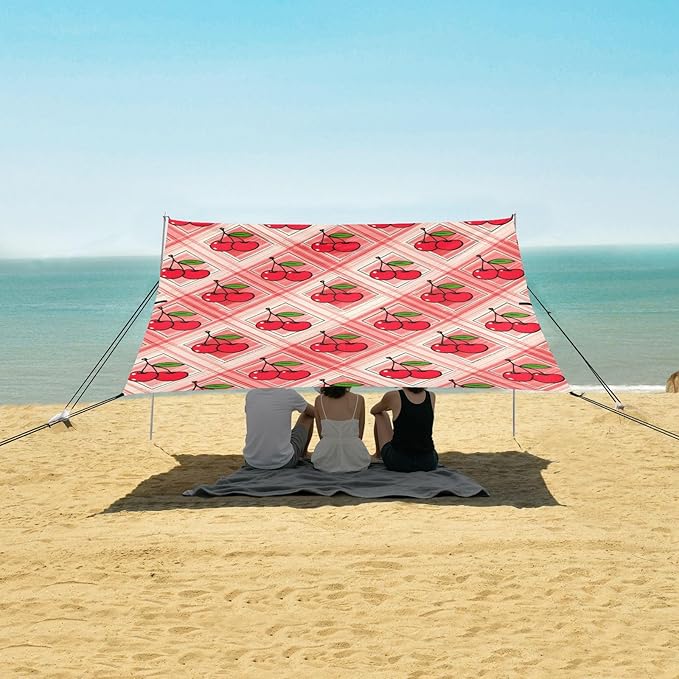 Beach Canopy with Windproof Ropes &amp Sandbags Beach Tent Sun Shade Sun Shelter for Camping Trips Fishing Backyard Fun or Picnics Cherry