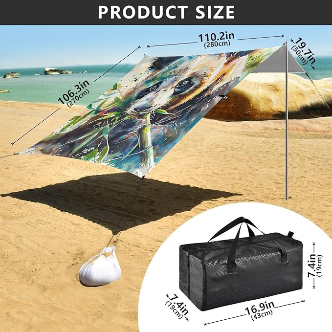 ALAZA Watercolor Panda Eating Bamboo Animal Beach Tent Sun Shelter Portable Canopy Sunshade for Outdoor Camping Picnics Backyard Fun 10x9 ft