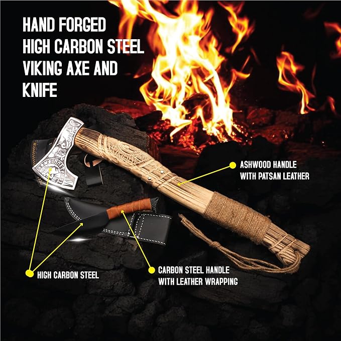Hand Forged Viking Axe and Knife Set with Leather Sheaths - Carbon Steel Bearded Viking Hatchet Carved Wooden Handle Throwing Axe for Camping Survival Bushcraft Splitting Chopping &amp Hiking