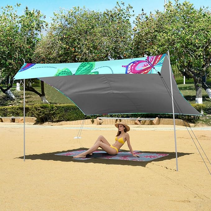 xigua Butterflies Beach Tent Sun Shelter with Carrying Bag - Silver Coated Oxford Fabric Beach Canopy for Beach Camping Fishing - Includes Windproof Ropes Sandbags &amp Stakes