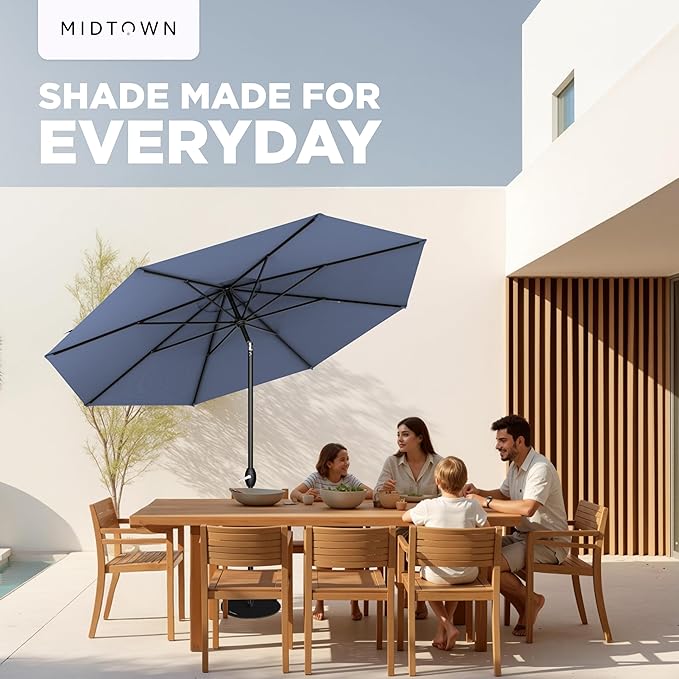 Midtown Umbrellas - 10-Year-No-Fade 10 Ft Patio Umbrella with Terylast Fabric Auto-Tilt Aluminum Frame and 8 Reinforced Ribs for Deck Pool Garden &amp Beach - Light Navy Canopy Black Pole