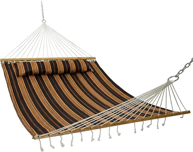 Sunnydaze Quilted Outdoor Hammock with Spreader Bars - Heavy-Duty 450-Pound Capacity Double Hammock for Outside - Woodland Stripe