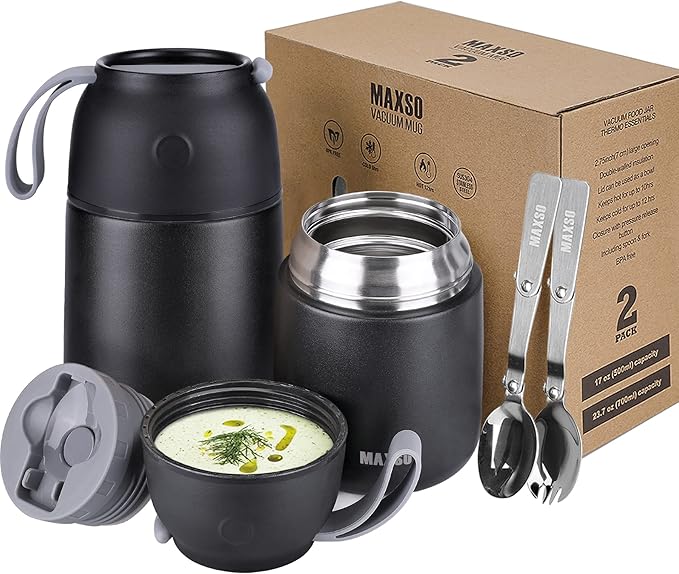 MAXSO 2 Pack Soup Thermo for Hot &amp Cold Food for Kids Adults Vacuum Insulated Food Jar Thermal Lunch Containers Travel Food Flask with Spoon (24 oz17 oz) (Black)