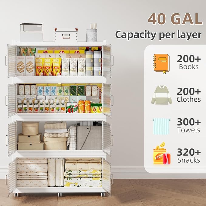 SAILUN 200Gal Extra Large Stackable Storage Bins with a Lid Collapsible Storage Bins With Doors and Wheels Foldable Storage Cabinet for Garage Closet Organization White 4Pack