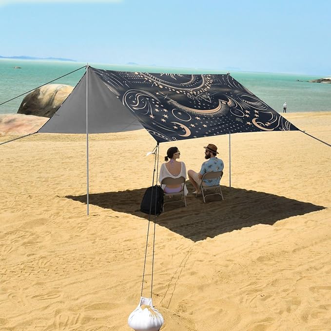 ALAZA Mystical Boho Geometric Sun Moon Stars Concentric Beach Tent Sun Shelter Portable Canopy Sunshade for Outdoor Camping Picnics Backyard Fun 10x9 ft