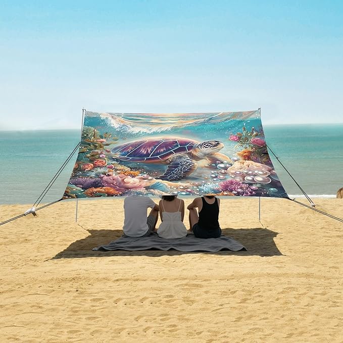 ALAZA Sea Turtle Pearls Coral Beach Tent Sun Shelter UPF50+ Protection Beach Shade Canopy w/ 4 Sandbags for Outdoor Camping Fishing Backyard Fun Picnic 10x9 ft
